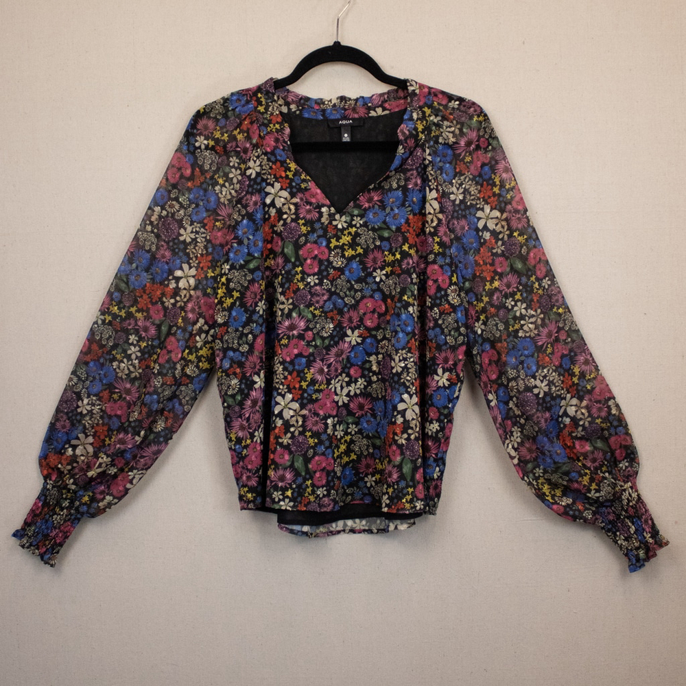 Aqua black floral peasant blouse-M